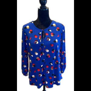 Liz Claiborne Blouse Size Large Top Blue Pattern 3/4 Sleeves Tie Neck Stretch